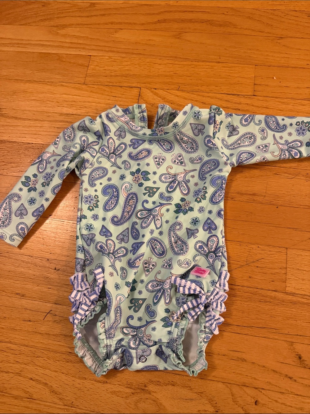 Ruffle Butts Mint Blue Paisley Long-Sleeve One-Piece Swimsuit